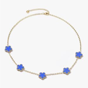 18K Gold Blue Enamel Four Leaf Clover Necklace Lucky Floral Charm Dainty Chain